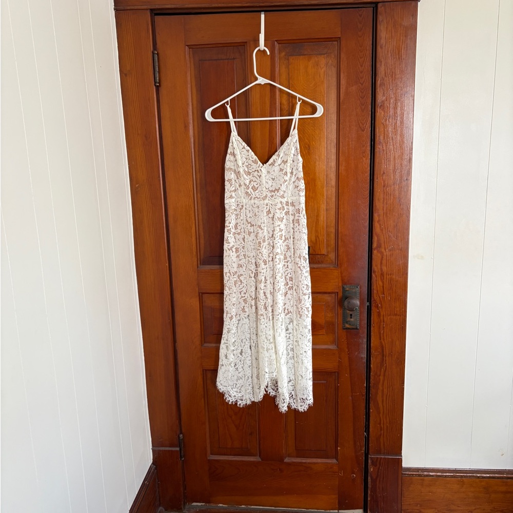 Lulu's Ivory Lace Midi Dress with Scalloped Hem
